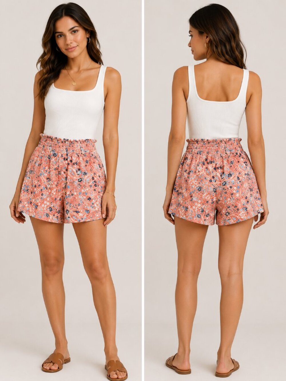 Cottagecore High Waist Shorts Floral Paisley Coral Boho Romantic S 4- 6